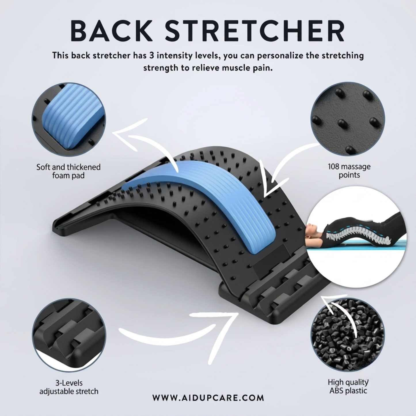 AidUp Care™ — Back Stretcher for Back Pain Relief | 3-Level Adjustable Lumbar Support & Massage